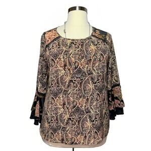 Olive Hill Paisley Floral Print Blouse Women’s Size XL Bell Sleeve Boho Top